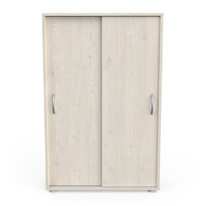 Kast Met 2 Schuifdeuren, wit en modern, met verstelbare planken en zilveren handgrepen, ideaal voor ruimtebesparing en opslag in elk interieur.