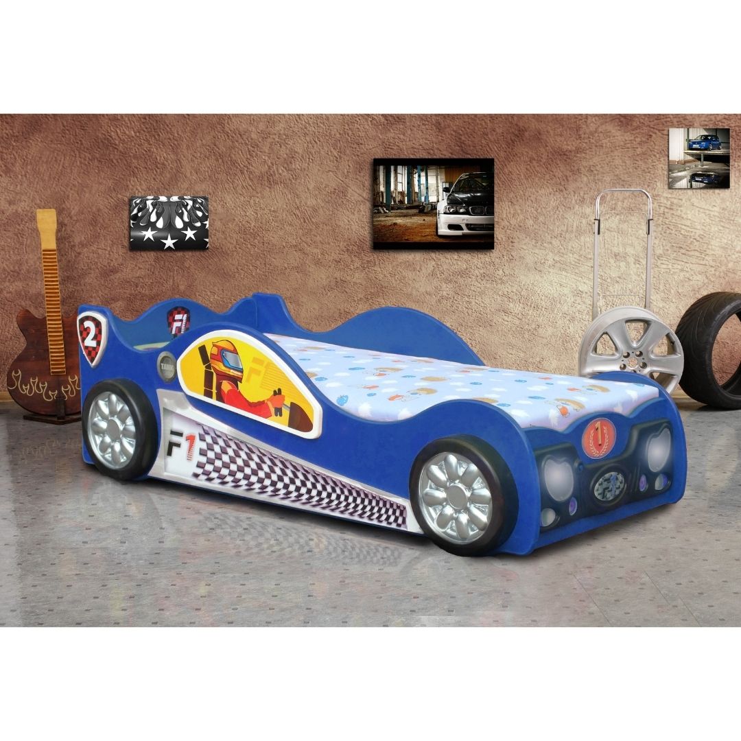 blauwe raceauto kinderbed
