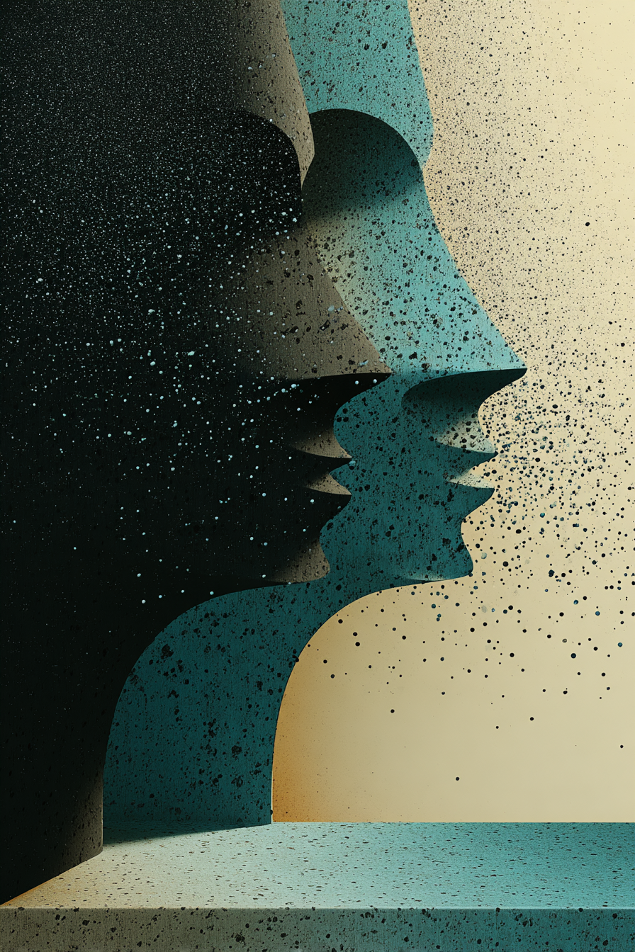 Abstract Faces kunstwerk met zwarte en blauwe gezichten, kleine stippen op een witte ondergrond, perfect voor moderne interieurs. Verkocht door Furndaily, specialist in huisinrichting.