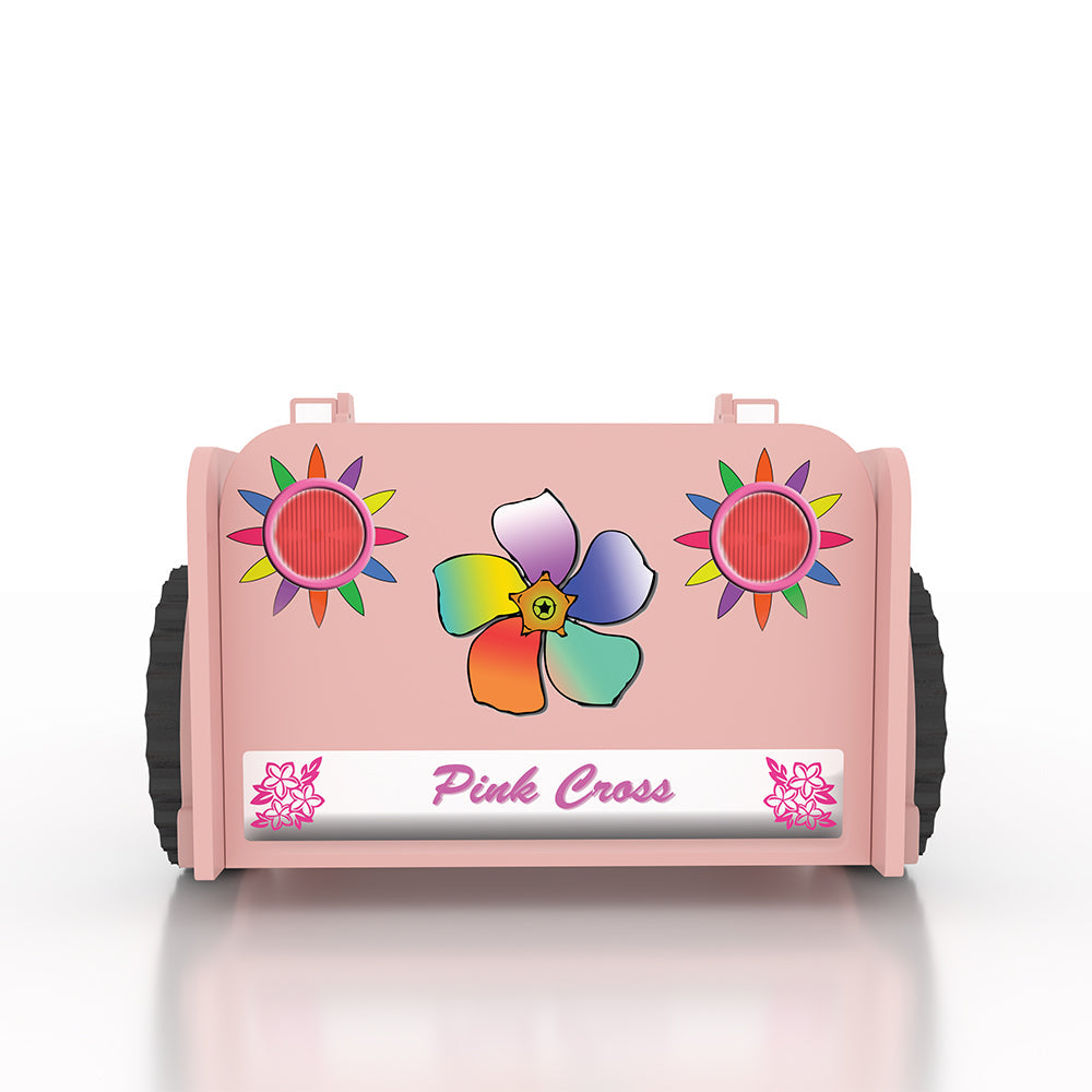 Kinderbed Jeep 207×116 – Roze, speelgoedbox in jeepvorm met bloemenpatroon en grote wielen, geschikt voor kinderkamers. Inclusief matras, ideaal voor jonge avonturiers.