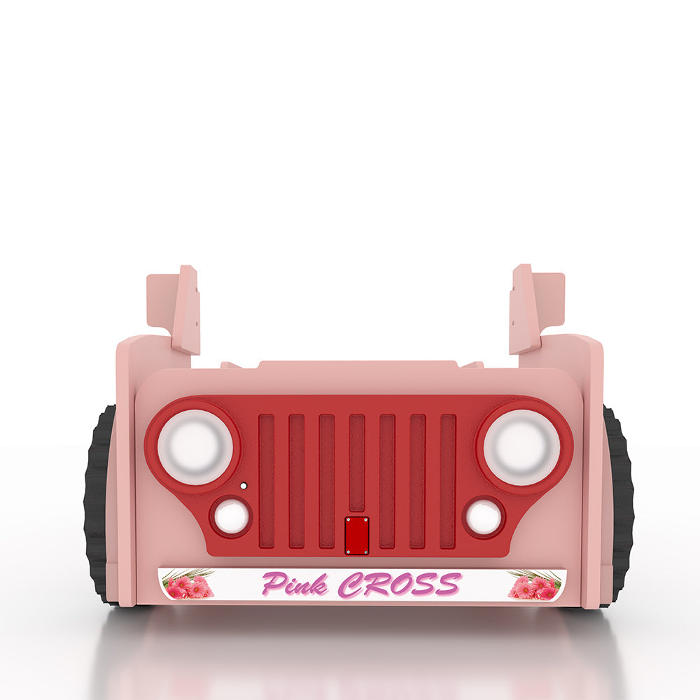 Kinderbed Jeep 207×116 – Roze, een stoer roze speelgoedjeepbed met grote wielen en logo, gemaakt van MDF, inclusief matras, ideaal voor kinderkamers.