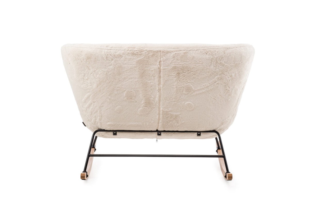 Aemely® Schommelbankje Duo met crème imitatiebont, witte zitting met zwarte metalen frame en natuurlijke beukenhouten poten. Comfortabel en stijlvol meubelstuk.