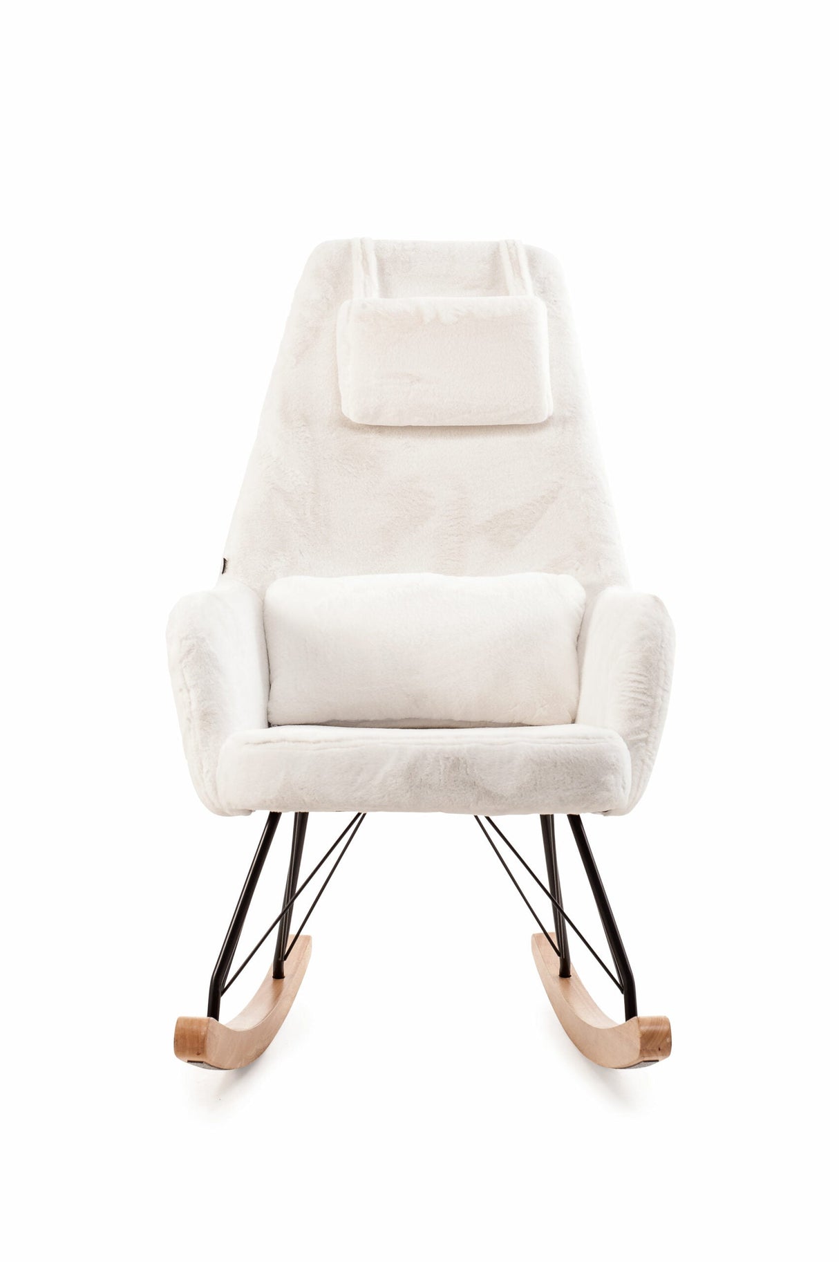 Aemely® Schommelstoel Papa in wit imitatiebont, met metalen frame en beukenhouten poten, perfect voor de babykamer. Comfortabele rugleuning en dikke vulling.