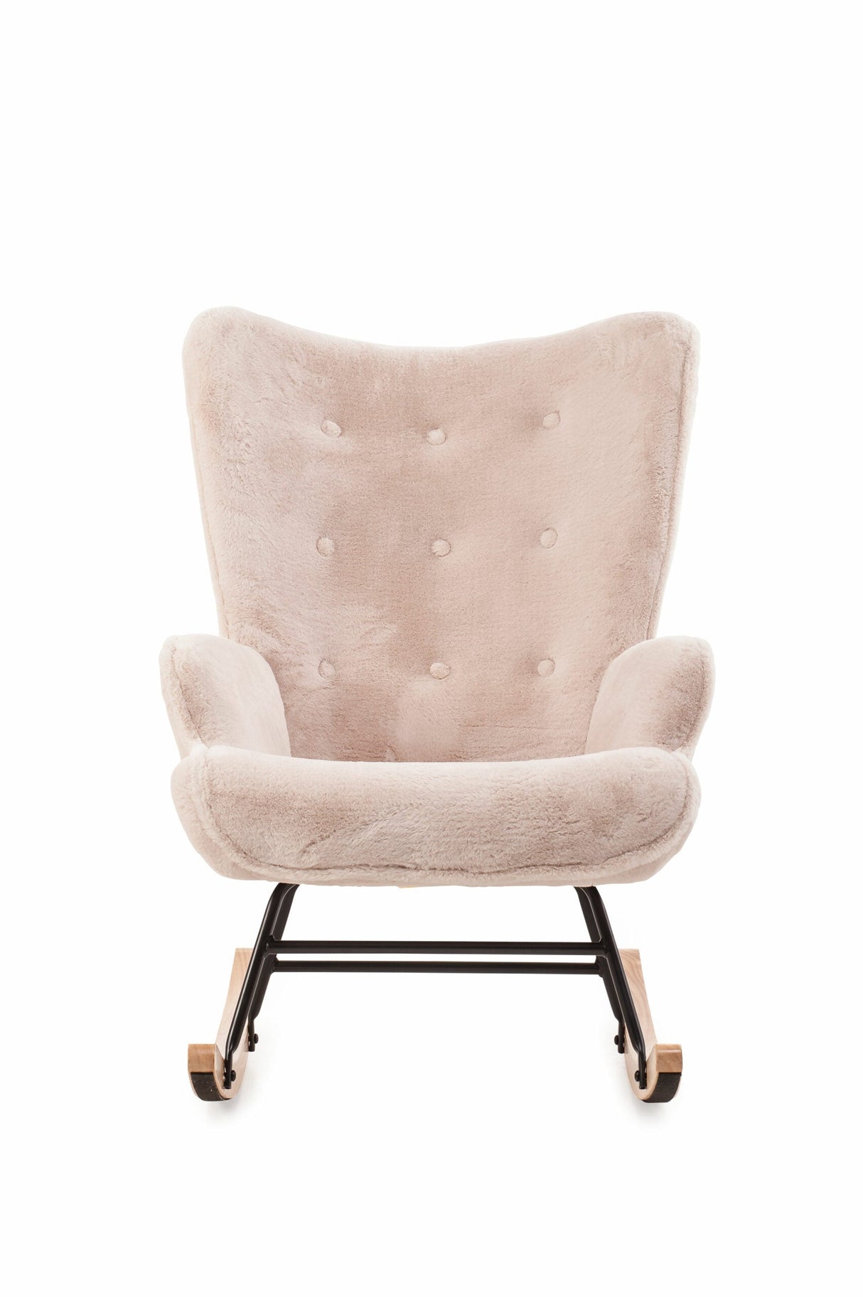 Aemely® Schommelstoel Mama met licht beige imitatiebont, zwart metalen frame en massief beukenhouten poten, ontworpen voor comfort en stijl in de babykamer.