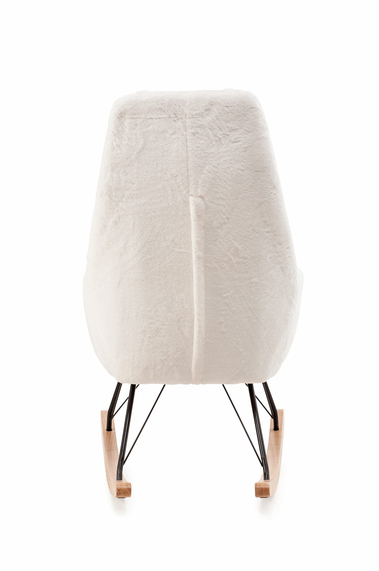 Aemely® Schommelstoel Papa met witte imitatiebont bekleding, zwarte metalen frame en massieve beukenhouten poten, perfect voor comfort in de babykamer.