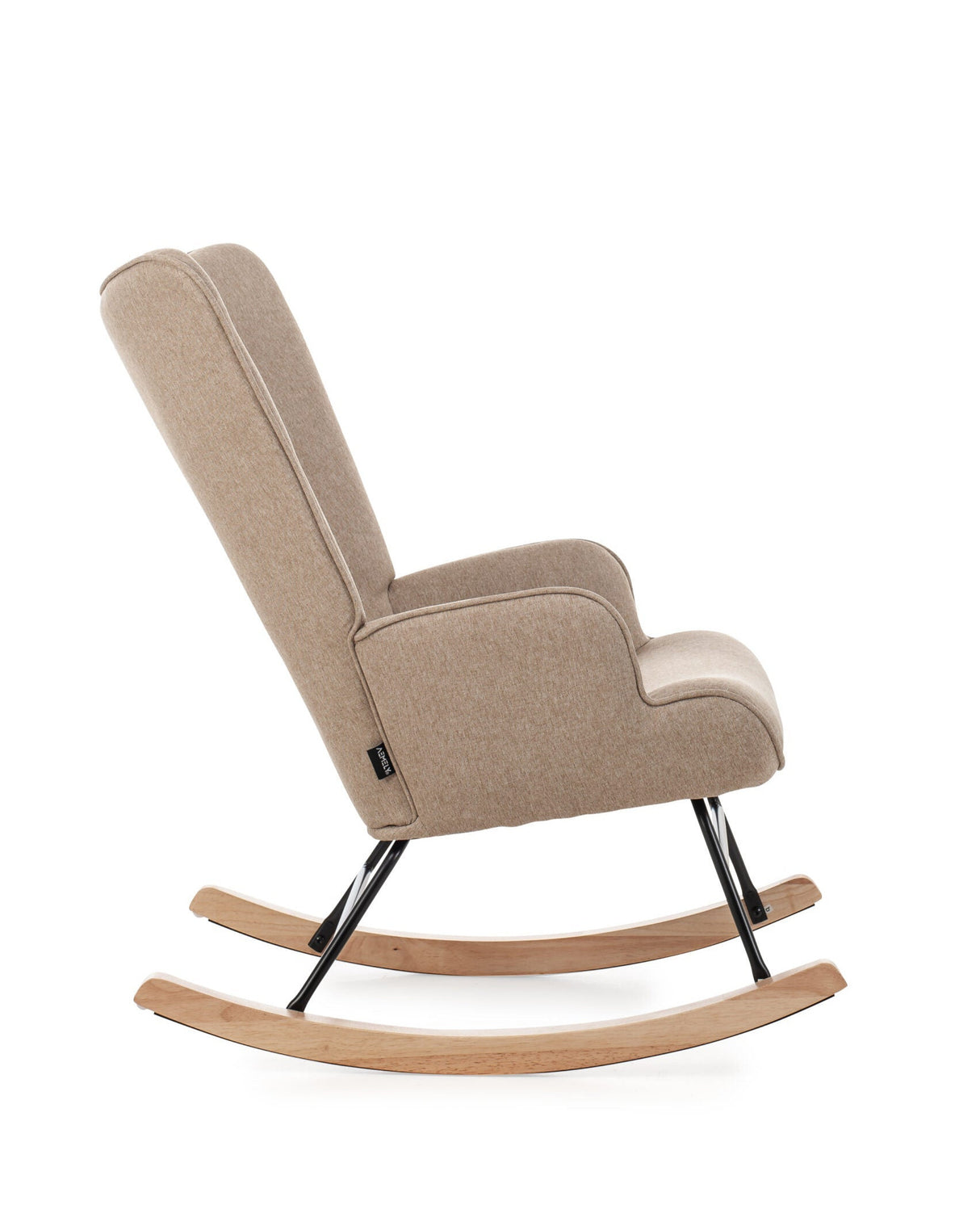 Aemely® Schommelstoel Mama met zwart metalen frame en houten poten, ideaal voor comfort en ontspanning, ontworpen voor moeders in moderne interieurs.