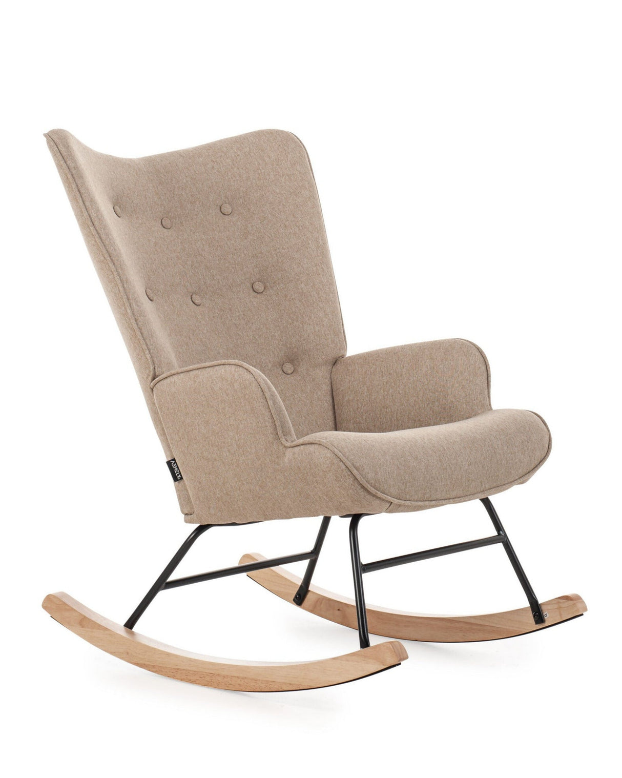 Aemely® Schommelstoel Mama, beige stof, houten en stalen frame, moderne uitstraling, ideaal voor moeders, biedt comfort in baby- en woonkamers.