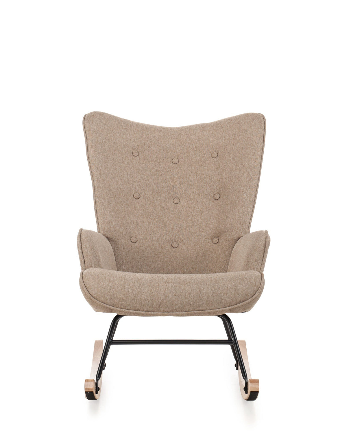 Aemely® Schommelstoel Mama in beige stof met zwarte metalen poten en knopen op de rugleuning, ontworpen voor comfort in de babykamer.