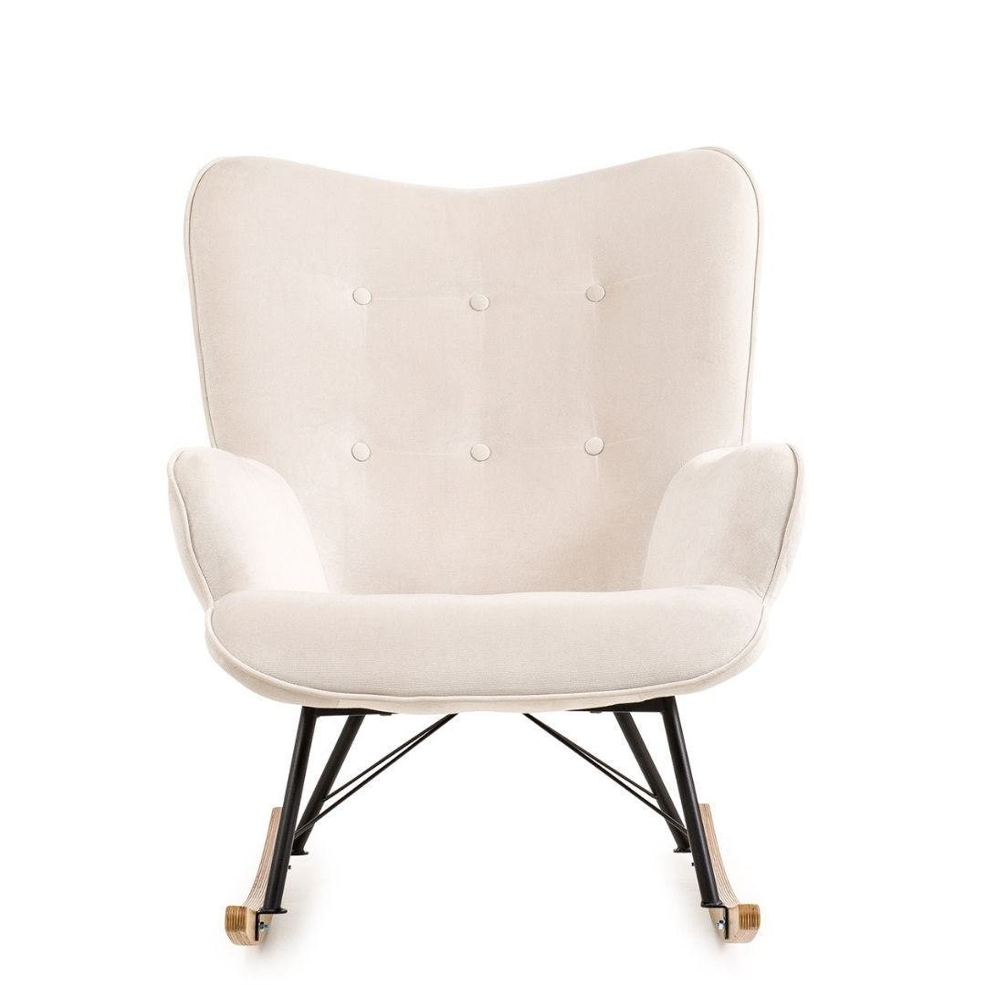 Aemely® Schommelstoel 'Cherub' - Wit Paros 01 met zwarte metalen frame en beukenhouten poten, ideaal voor comfort in baby- of woonkamer.