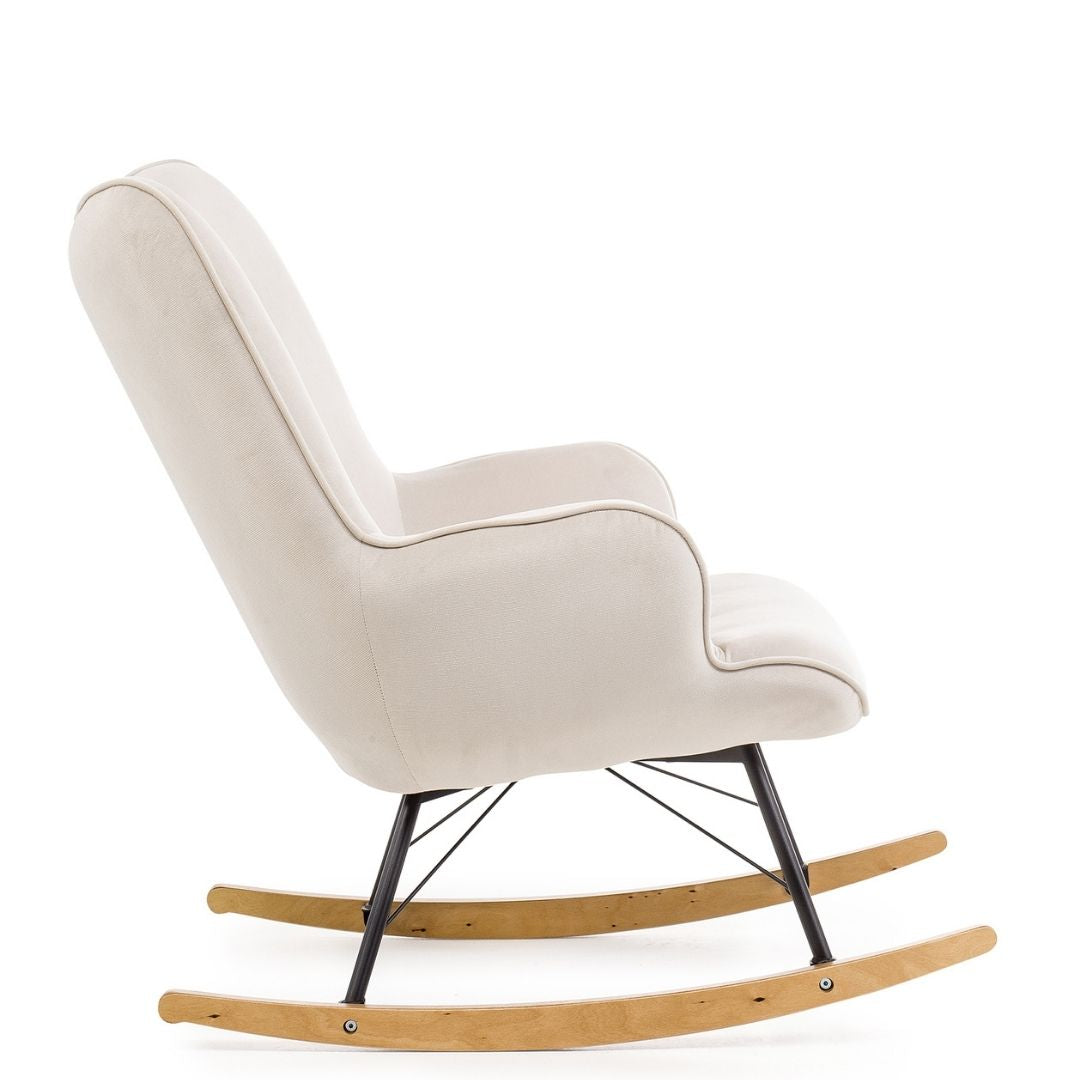 Aemely® Schommelstoel 'Cherub' - Wit Paros 01 met witte microvezelbekleding, metalen frame, beukenhouten poten, ideaal voor comfort in baby- of woonkamer.