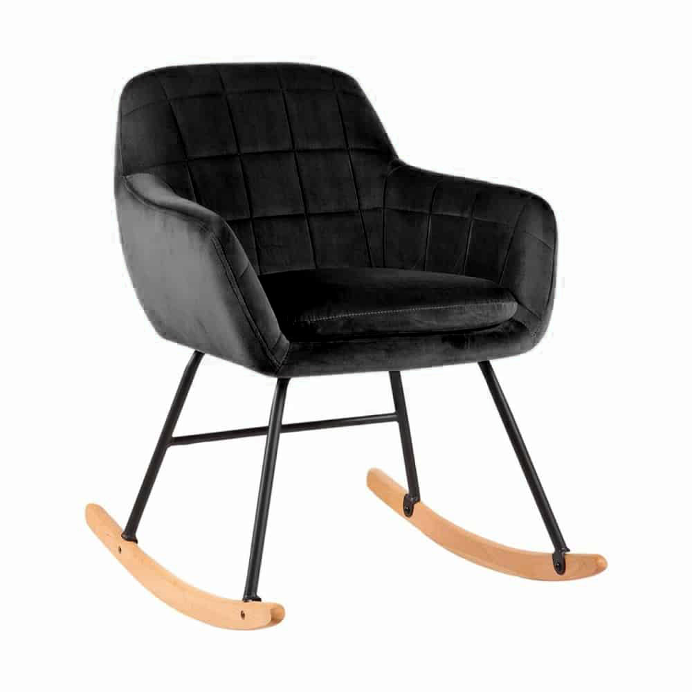 Aemely® Schommelstoel 'Sofie' – Zwart Velvet met houten poten, compact ontwerp, ideaal voor babykamer of woonkamer. Comfortabel en zacht door zwarte fluwelen bekleding.