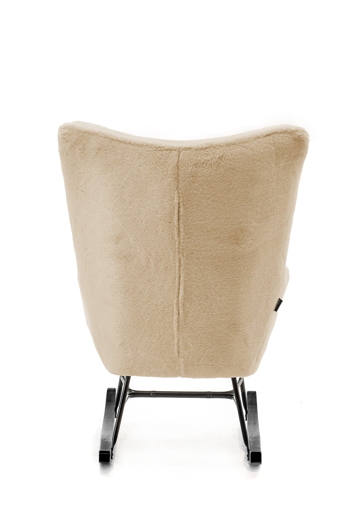 Aemely® Schommelstoel Mama met beige imitatiebont bekleding, zwarte metalen frame en beukenhouten poten, ideaal voor comfort in babykamer of woonkamer.