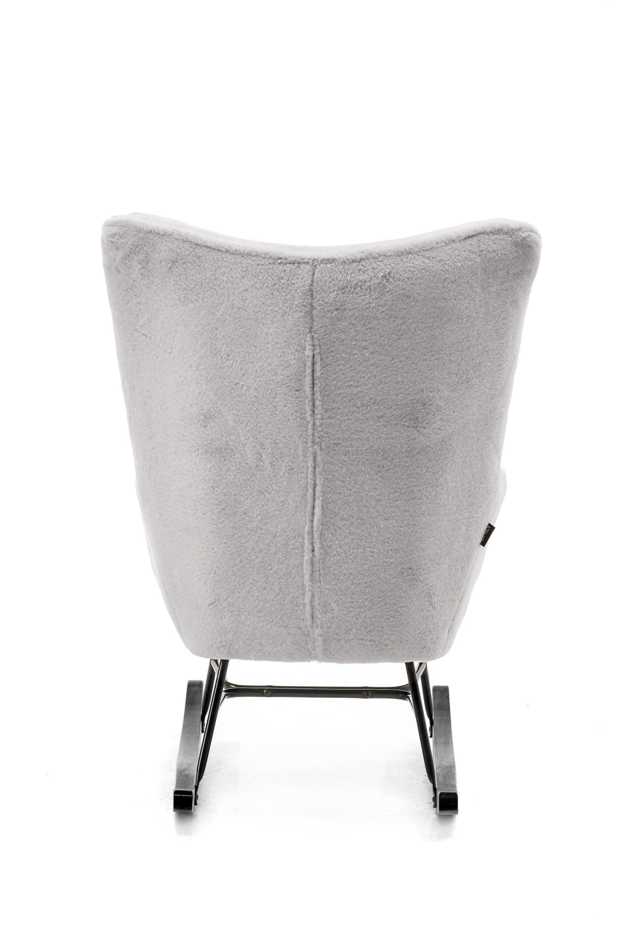 Aemely® Schommelstoel Mama met grijs imitatiebont, zwarte metalen frame en poten. Ideaal voor babykamer of woonkamer. Comfortabele, zachte bekleding en stevige constructie.