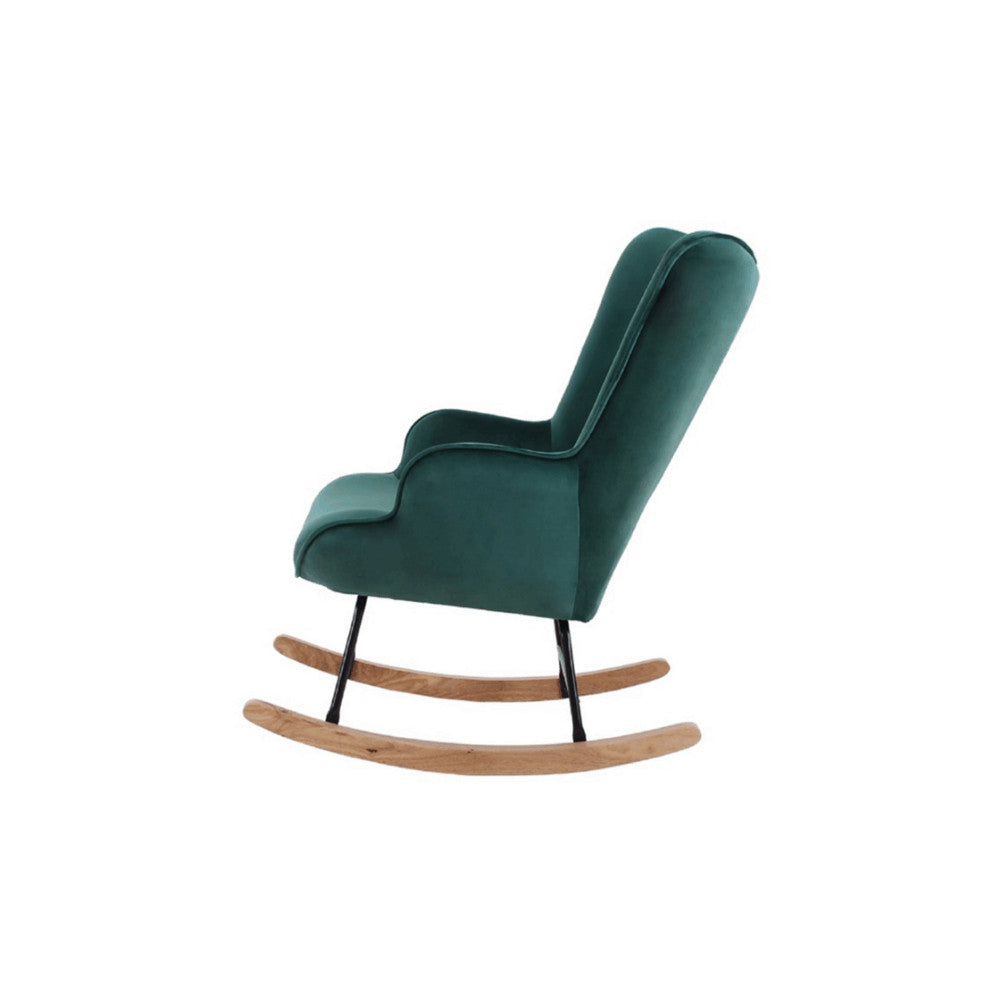 Aemely® Schommelstoel Steerne: groene velvet schommelstoel met houten poten en stalen frame, perfect voor stijlvolle ontspanning in elke woonruimte.