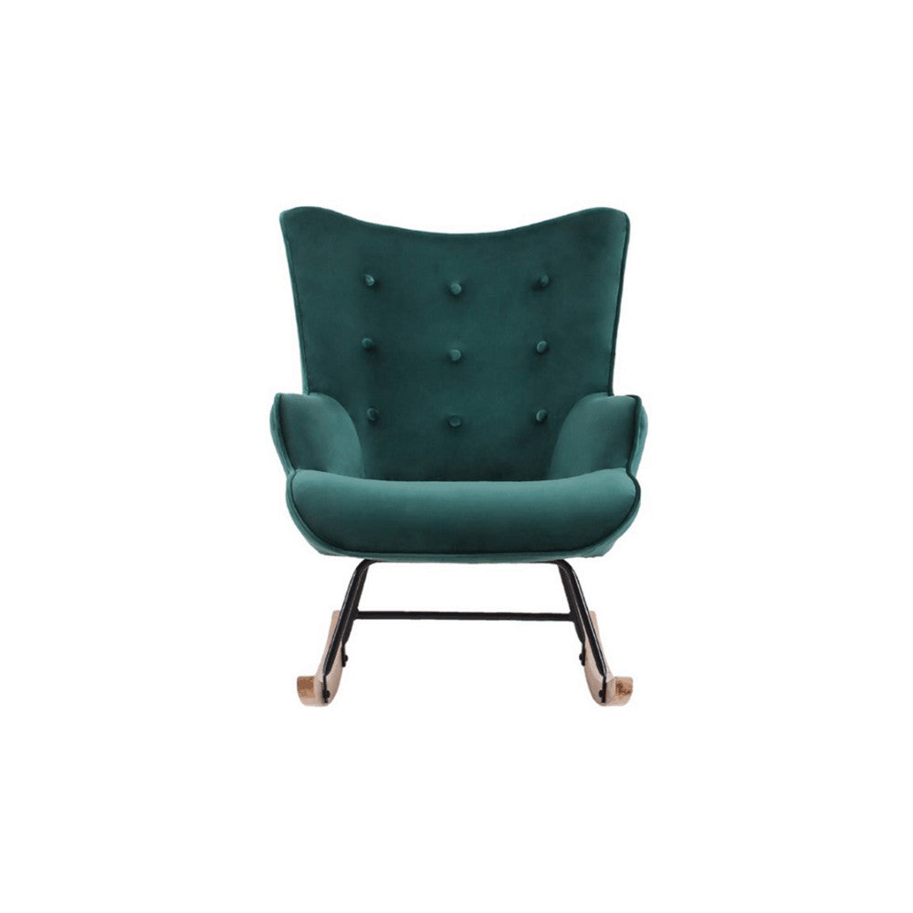 Aemely® Schommelstoel Steerne met groene velvet bekleding, houten poten en stalen frame, biedt elegant comfort en stijlvol design.