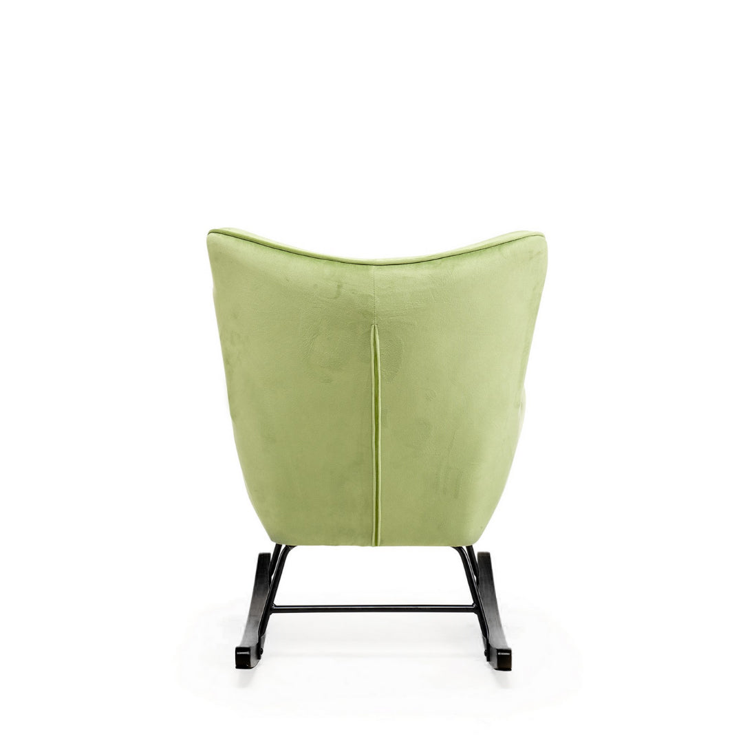 Aemely® Schommelstoel 'Steerne' in Dino groen velvet met zwarte metalen poten en rugleuning, ideaal voor comfort in de babykamer of woonkamer.