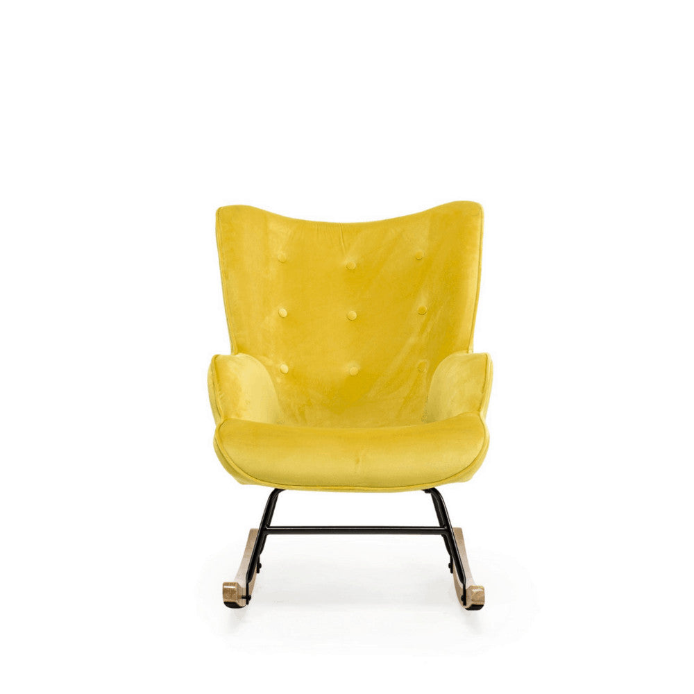 Aemely® Schommelstoel 'Steerne' in geel velvet met beukenhouten poten, elegante uitstraling en comfortabele zitting, perfect voor moderne woonkamerinrichting.