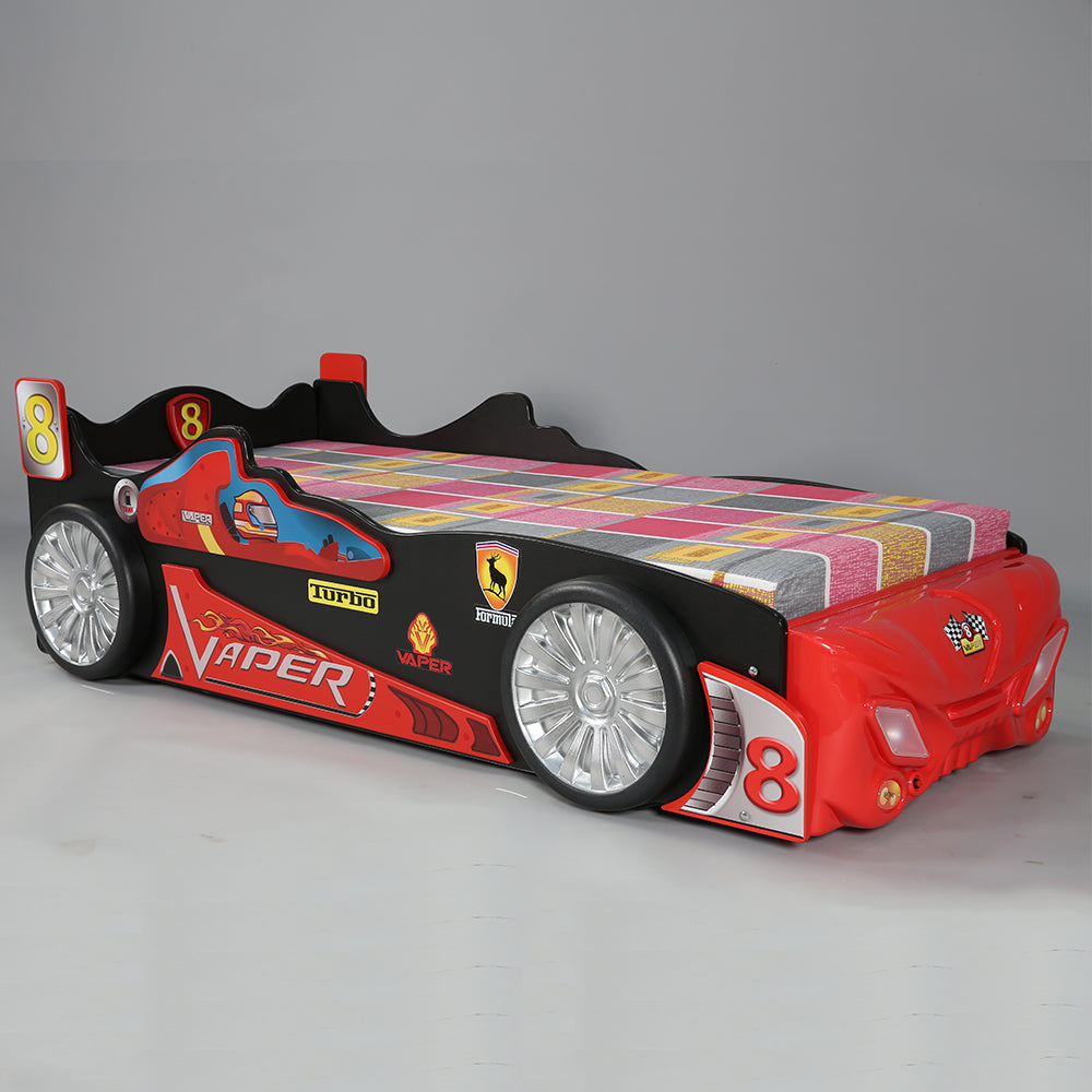 Kinderbed raceauto Vaper 220x115 - Rood met raceautowielen en stickers, gemaakt van MDF en kunststof, inclusief matras. Perfect voor kleine snelheidsduivels.