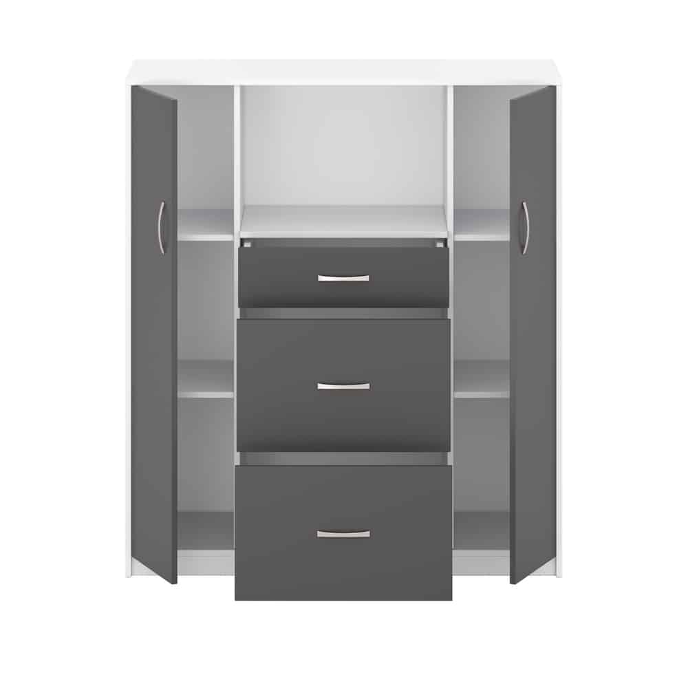 Aemely ‘Vicky’ keukenkast – Wit / Grijs met twee deuren, drie lades en magnetronvak, ideaal voor praktische keukenopslag.