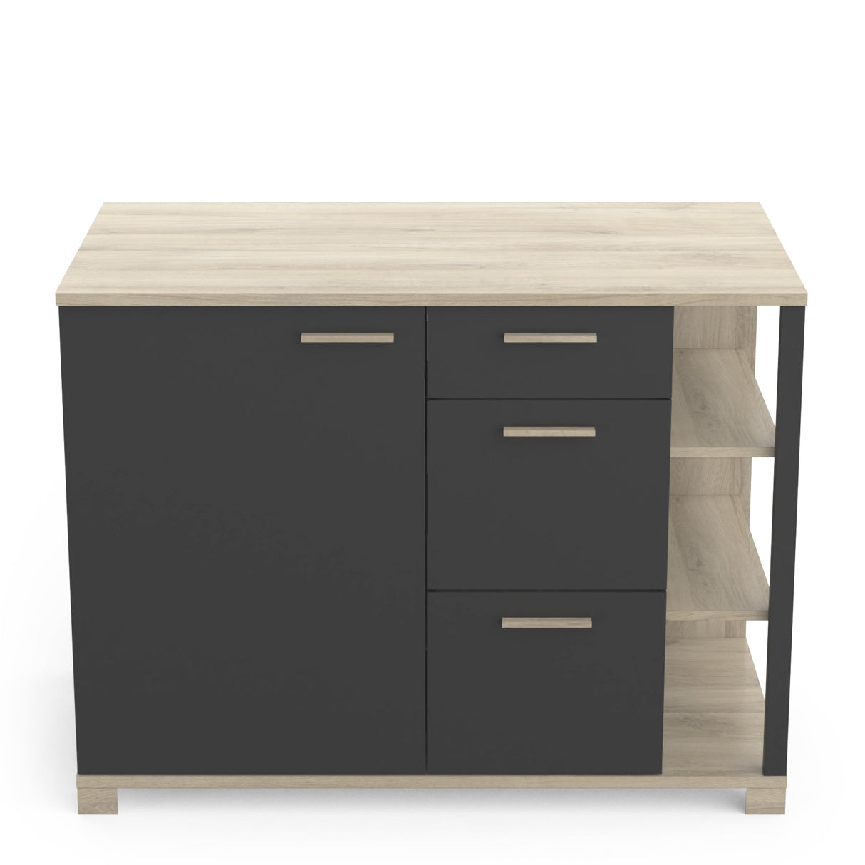 Keukenkast Atelier - Zwart/Eikenlook: compacte industriële kast met lades en planken, ideaal voor keukenopslag en apparatuur, met waterbestendige melaminecoating.