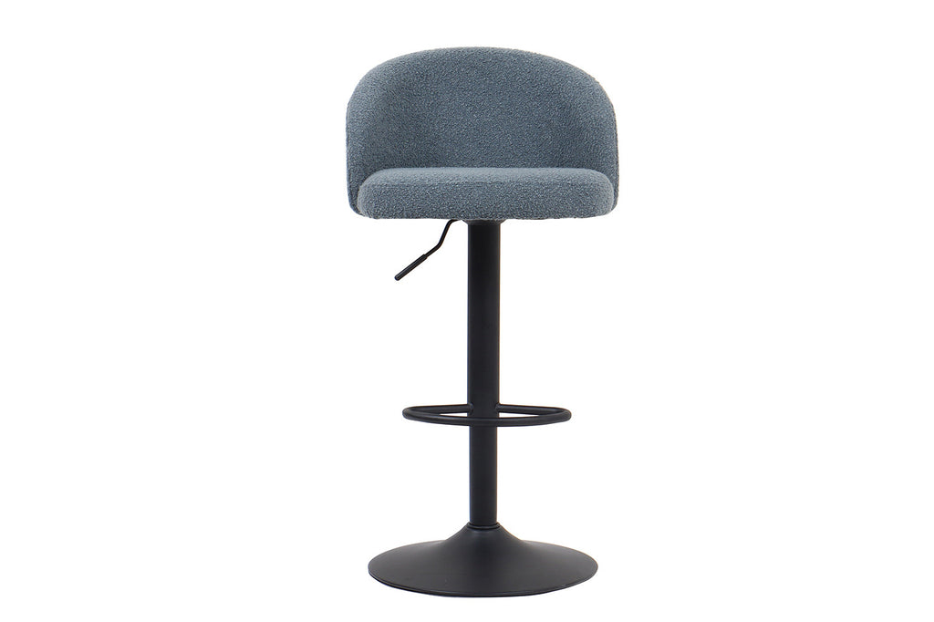 Barkruk 'Arda' Bouclé Blauw met zwart metalen onderstel, verstelbaar en comfortabel, perfect voor moderne interieurs. Ideaal voor keukeneilanden en bartafels.