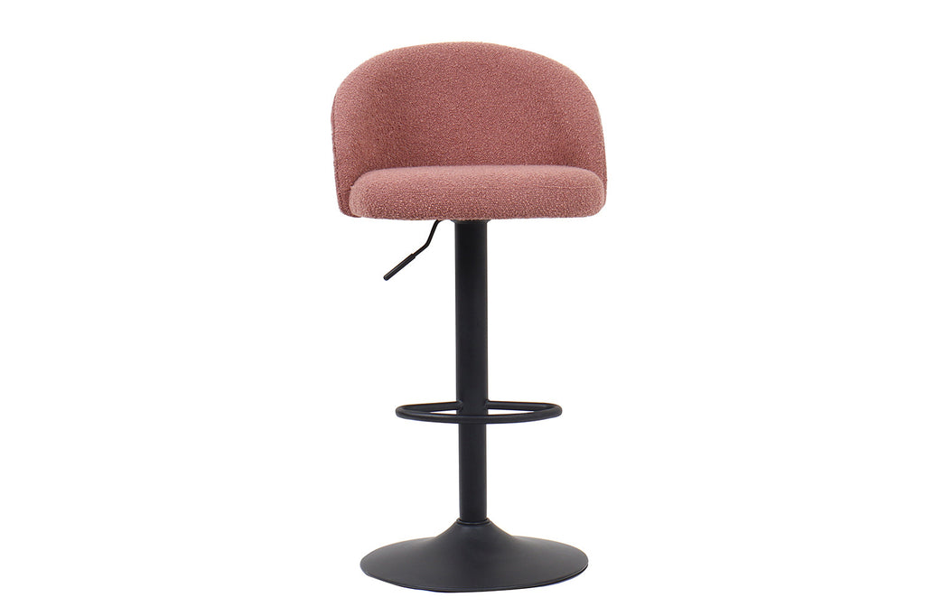 Barkruk 'Arda' Bouclé Roze met verstelbare zwarte basis, ergonomische rugleuning en 360° draaibaar, ideaal voor moderne interieurs.