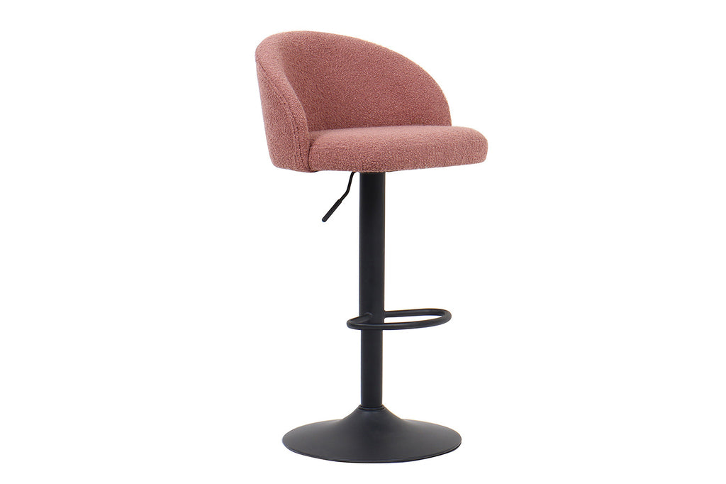 Barkruk 'Arda' Bouclé Roze met zwarte basis, verstelbare zithoogte, ergonomische rugleuning, ideaal voor moderne interieurs. Voegt luxe en comfort toe aan elke ruimte.