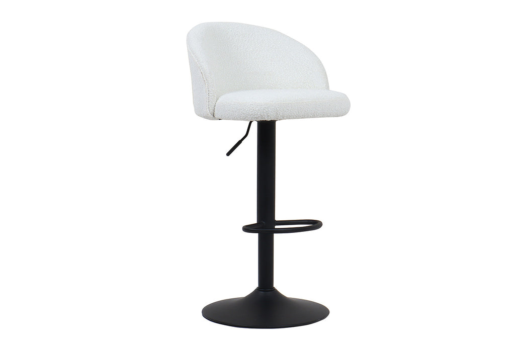 Barkruk 'Arda' Bouclé Wit, witte bouclé bekleding, zwart metalen onderstel, verstelbaar. Geschikt voor moderne interieurs, perfect voor keuken of bar.