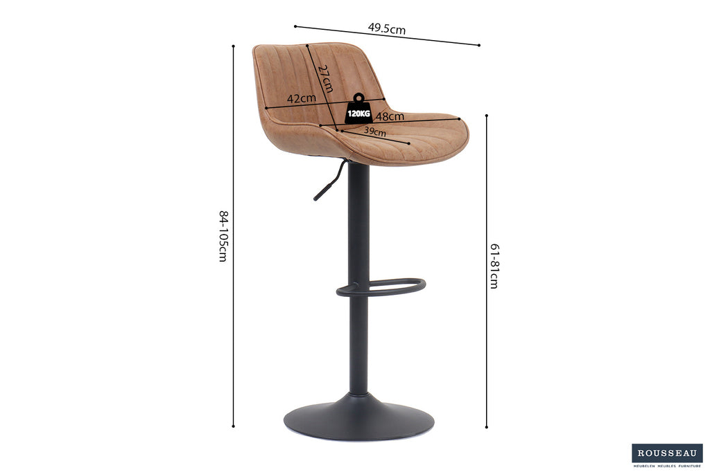 Barkruk 'Fenna' PU Cognac, verstelbaar met metalen onderstel en vintage PU-leer, optimale zithoogte van 84-105 cm, geschikt voor diverse tafelhoogtes.