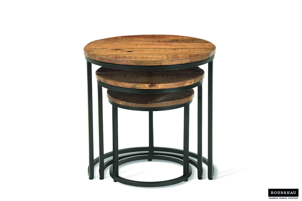 Bijzettafel / Salontafel 'Plano' 3-delig, stapel van houten en metalen tafels gemaakt van Mango hout, perfect voor elke woonruimte.