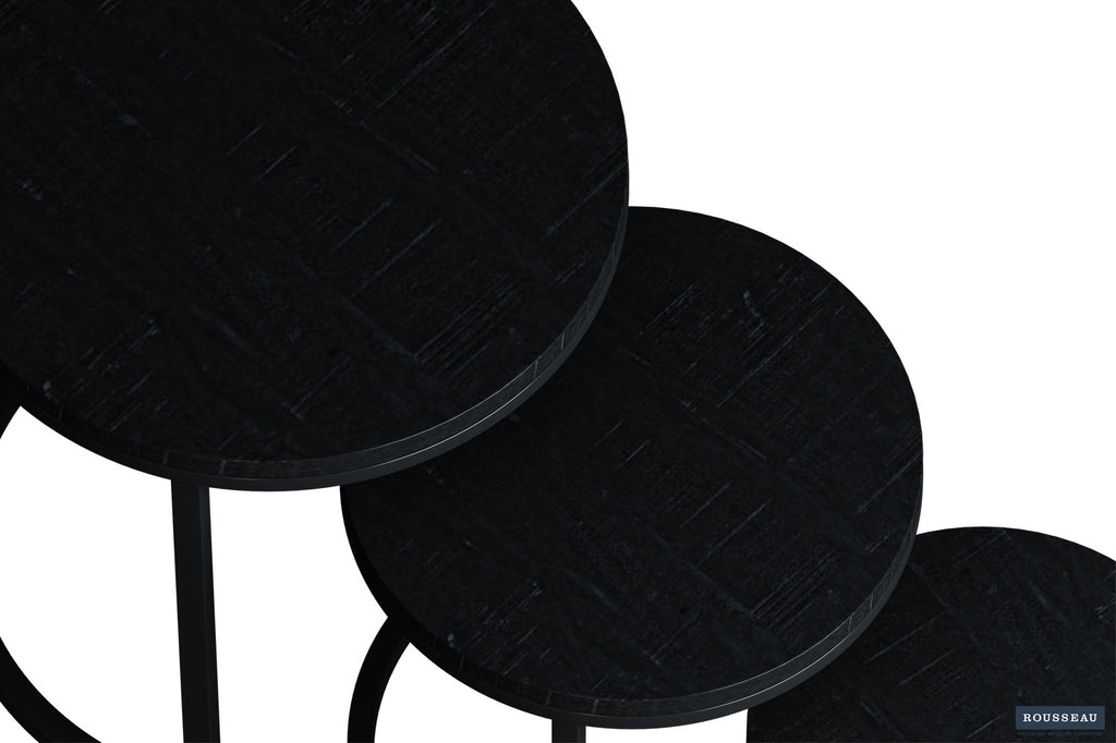 Bijzettafel / Salontafel 'Plano' 3-delig, stapel van ronde zwarte tafels met metalen structuur en exotisch mango houten blad.