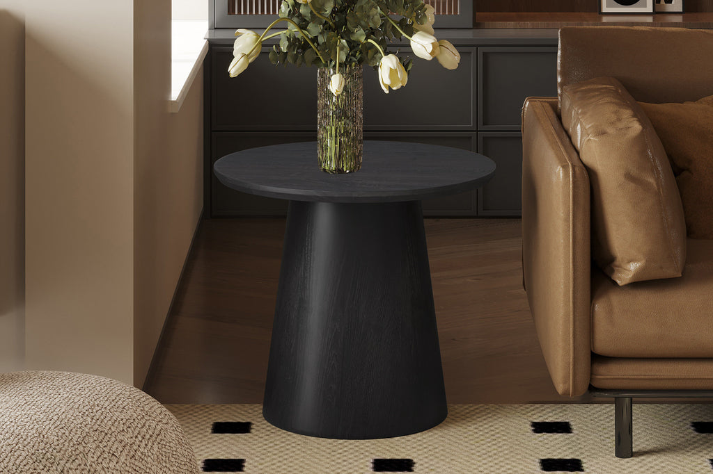 Bijzettafel / Salontafel 'Miklos' 60 cm rond decor donkerbruin, met zwarte afwerking en een vaas met bloemen erop, passend bij modern interieurontwerp.