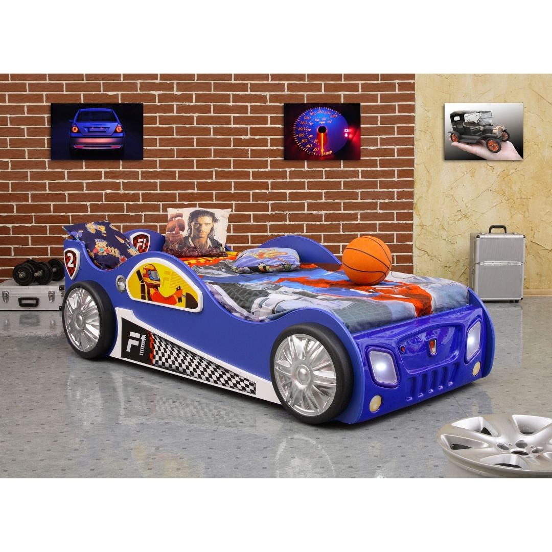 Blauwe race auto kinderbed