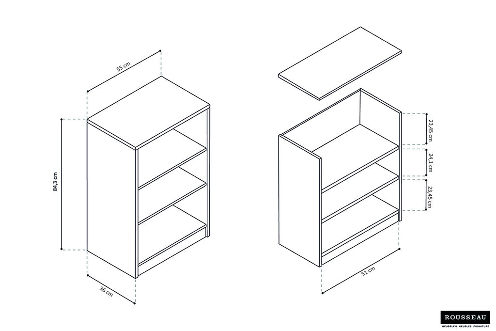 Boekenkast 'Space' met 2 legplanken, technische tekening toont MDF-ontwerp met ABS-boorden, geschikt voor diverse ruimtes in huis.
