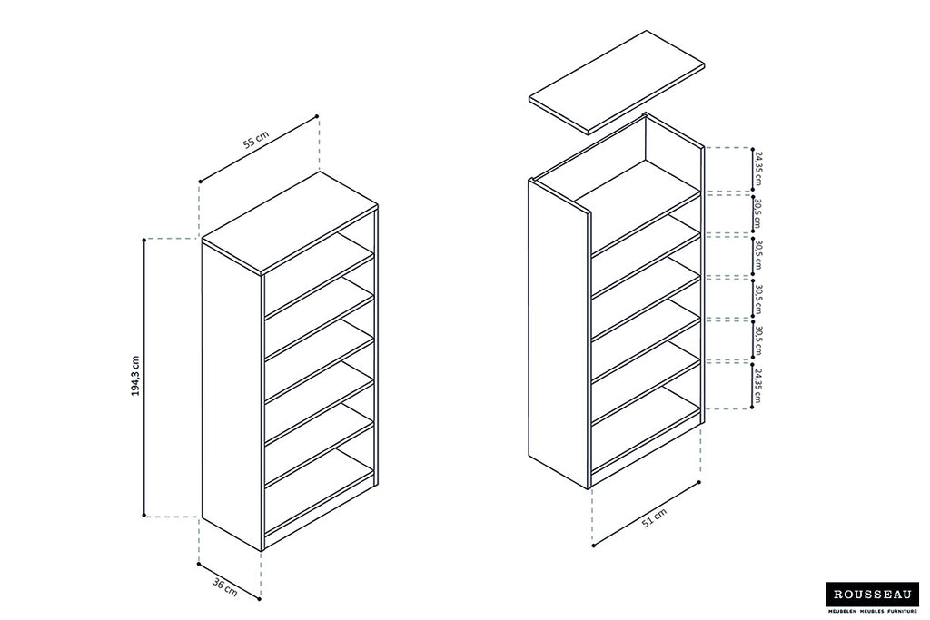 Boekenkast 'Space' met 5 legplanken, technische lijntekening van MDF en Spaanderplaat constructie. Geschikt voor diverse ruimtes in huis.