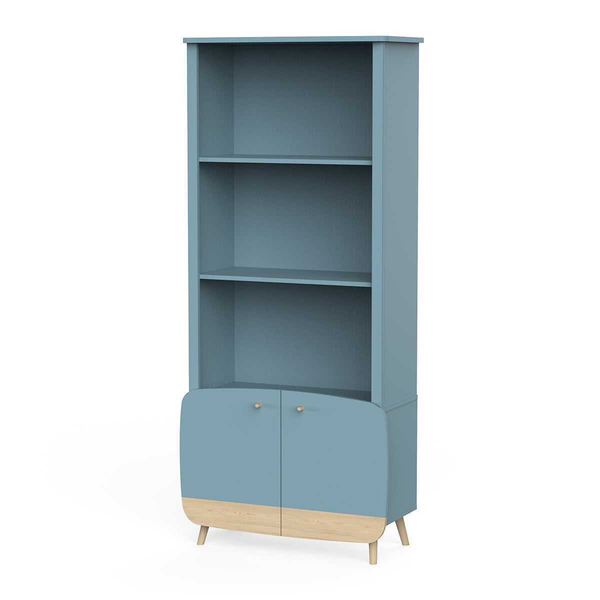 Blauwe boekenkast Firmiana met twee planken en houten poten, ideaal voor kinderkamer of woonkamer, combineert functionaliteit en speels design.