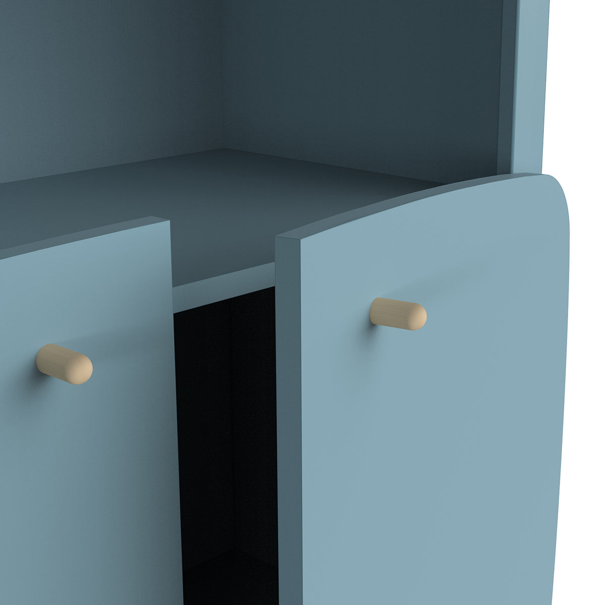 Boekenkast/Opbergkast Firmiana Blauw met houten handgrepen en twee deuren, ideaal voor kinderkameropslag en organisatie. Perfecte aanvulling op iedere ruimte.