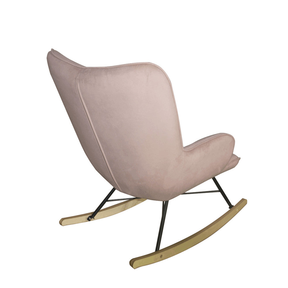 Aemely® Schommelstoel 'Cherub' met roze velvet bekleding en houten poten, perfect voor comfort in baby- of woonkamer. Stijlvol design met knopen gecapitonneerde rugleuning.