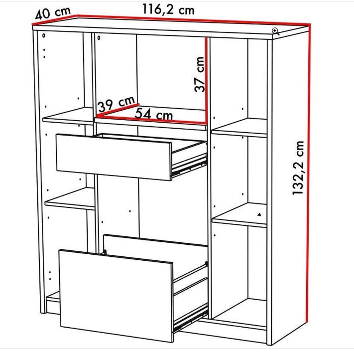 Keukenkast Flavor - Grijs/Wit: schets van een keukenkast met verstelbare planken, laden voor bestek en pannen, en montage-instructies.