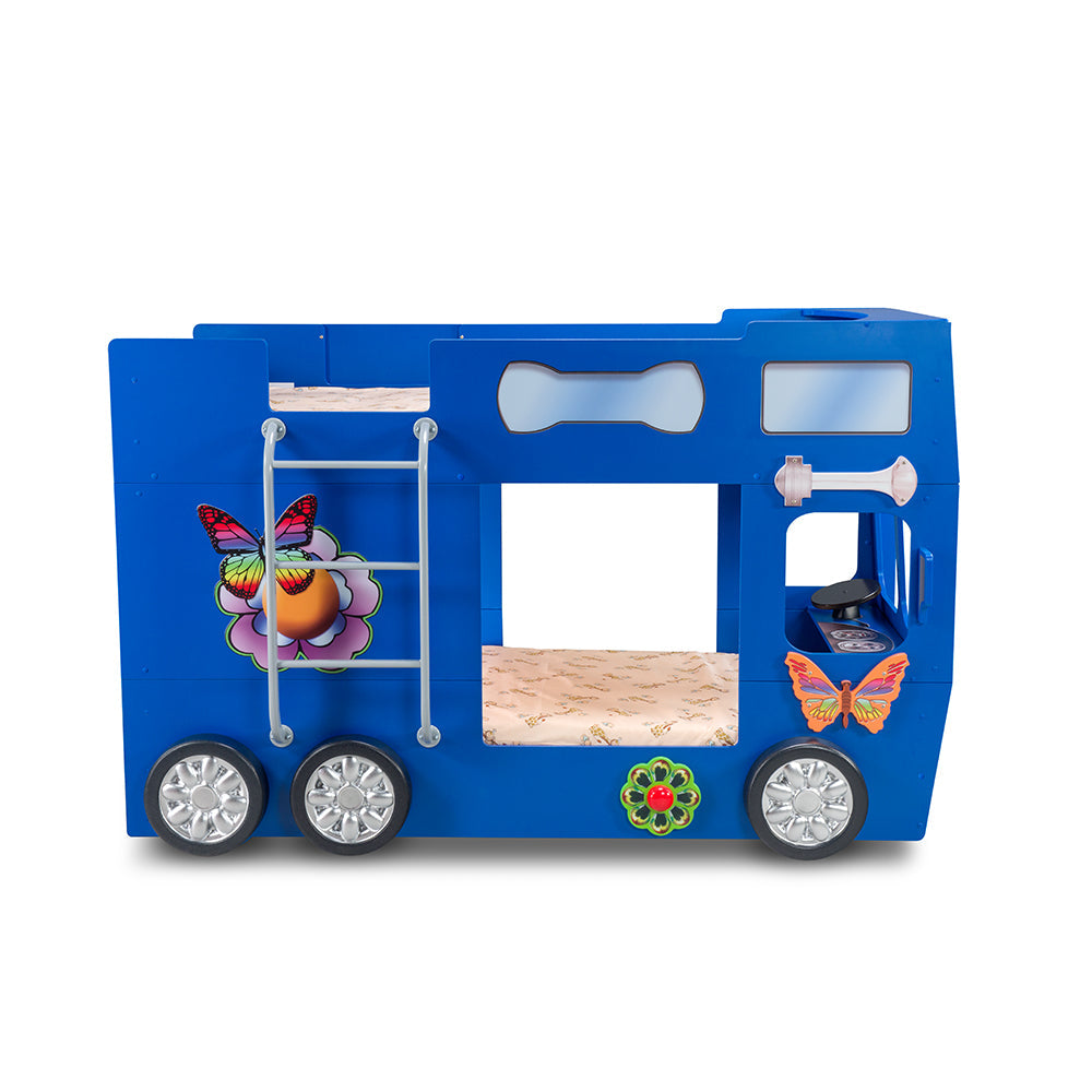 Kinderbed Happy bus 210×115x145 – Blauw, een speels blauw stapelbed met treinontwerp, perfect voor kinderen, gemaakt van MDF en kunststof, geleverd met montagehandleiding.