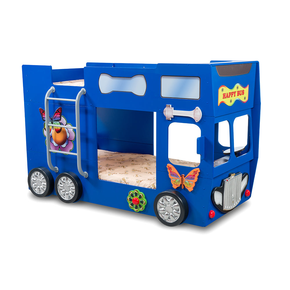 Kinderbed Happy bus 210×115x145 – Blauw met dubbeldekker ontwerp en bloemenprint, inclusief wielen. Gemaakt van MDF en kunststof, ideaal voor kinderen.