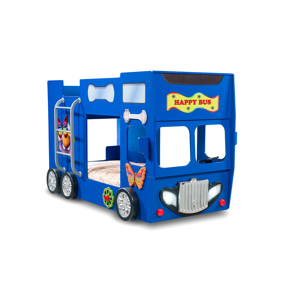Kinderbed Happy bus 210×115x145 – Blauw, een dubbeldekker kinderbed met genoeg ruimte voor ontspanning, gemaakt van MDF en kunststof, perfect voor speelkamers.