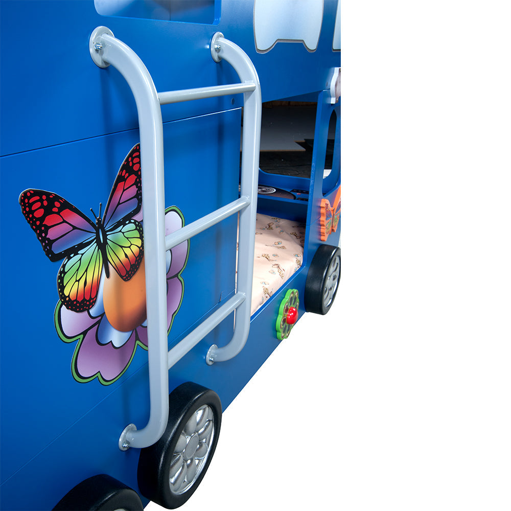 Kinderbed Happy bus 210×115x145 – Blauw, vrolijk dubbeldekker kinderbed met ladder en vlinderdecoratie, ideaal voor rust na speelplezier.