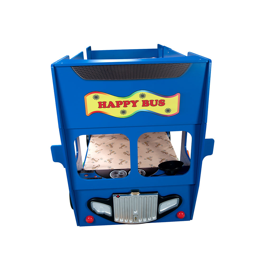 Kinderbed Happy bus 210×115x 145 – Blauw, dubbeldekker busvormig bed met ruimte voor twee kinderen, gemaakt van MDF en kunststof.