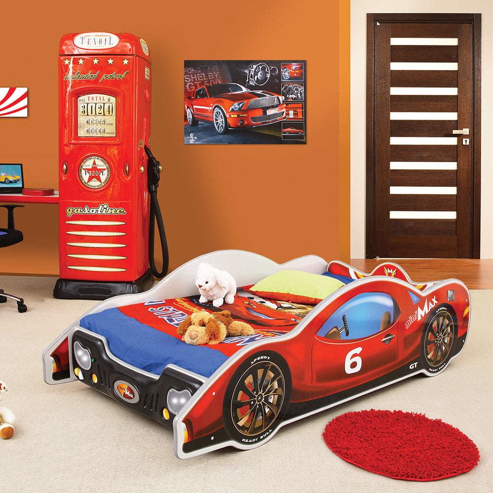 Kinderbed sportauto Mini max 205×94 – Rood, een peuterbed in de vorm van een luxe sportauto, inclusief matras, perfect voor kleine autoliefhebbers.
