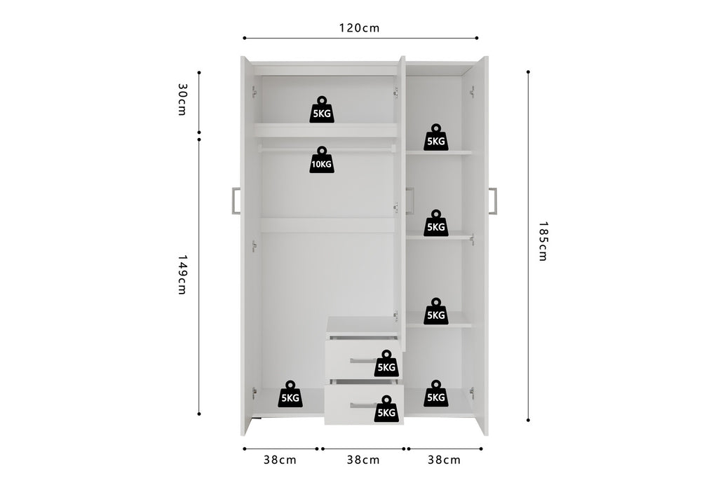 Kledingkast 'Marc' 3 deuren met spiegel Wit