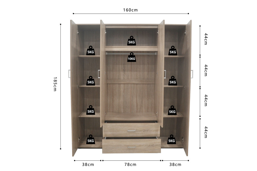 Kledingkast 'Marc' 4 Deuren met 2 spiegels Sonoma