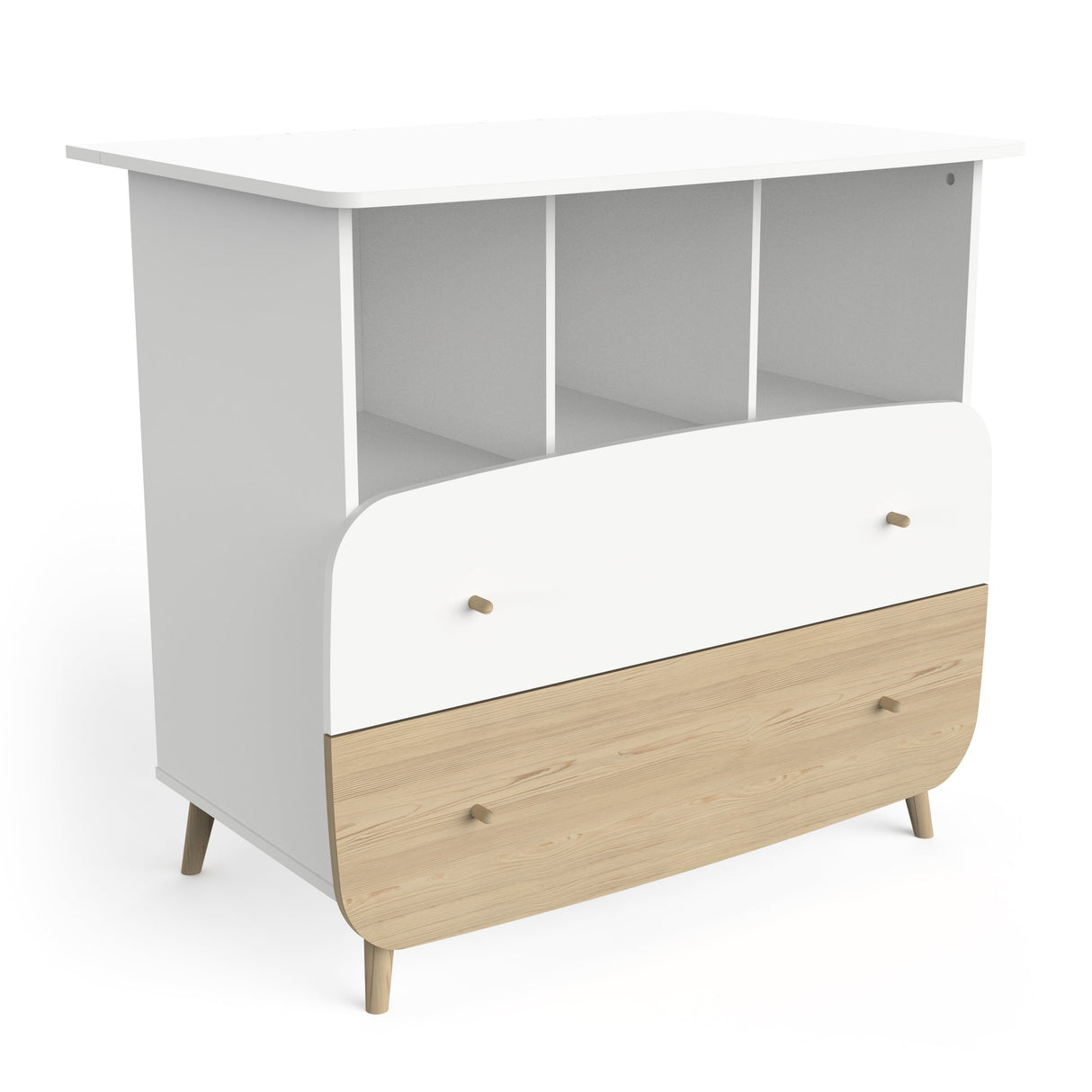 Commode Firmiana Wit, een stijlvolle ladekast met royale opbergruimte en veilige aankleedunit, perfect voor een georganiseerde en elegante babykamer.