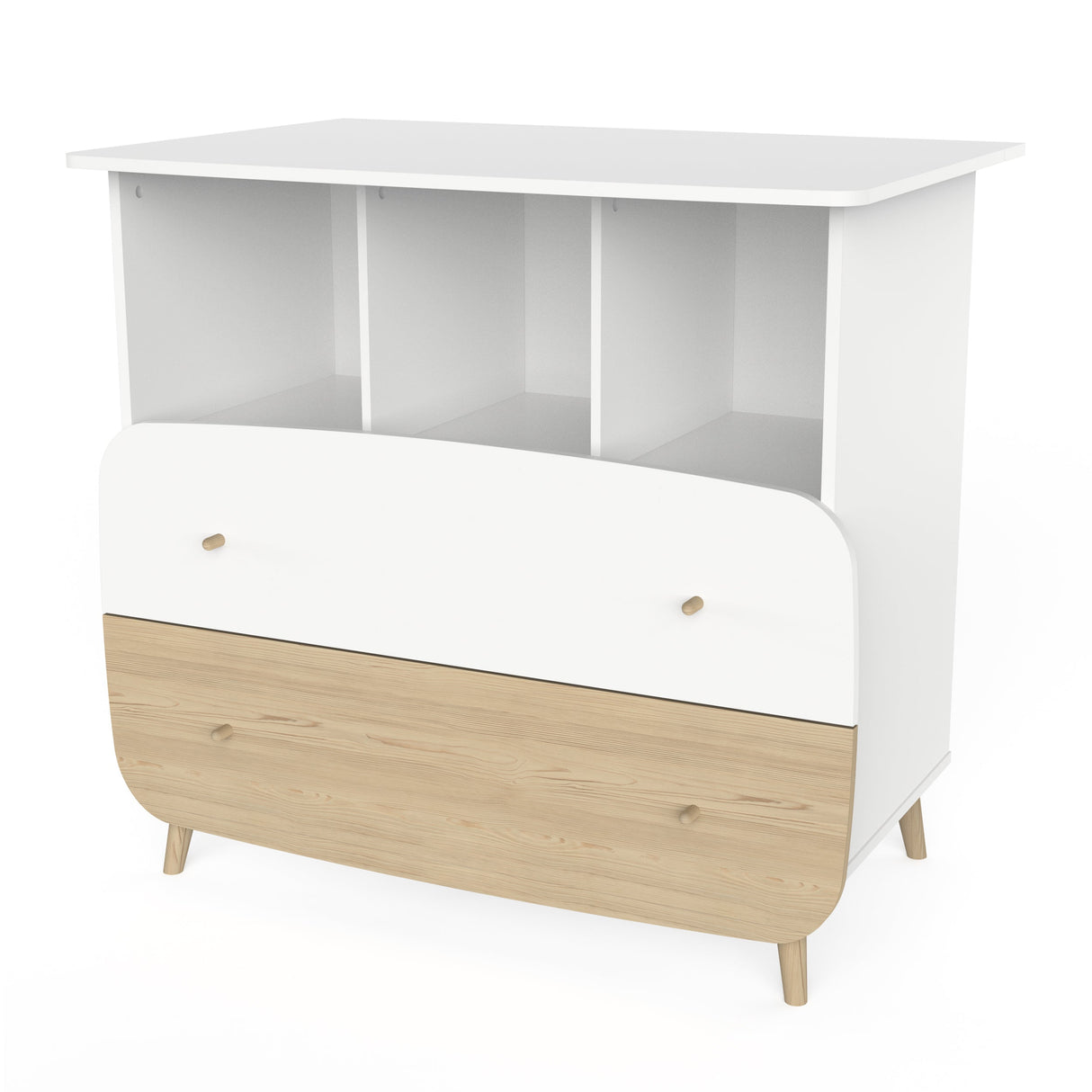 Commode Firmiana Wit, een stijlvolle en functionele ladekast voor de babykamer, met ruime opbergruimte en veilige aankleedunit. Perfect voor georganiseerde babyverzorging.