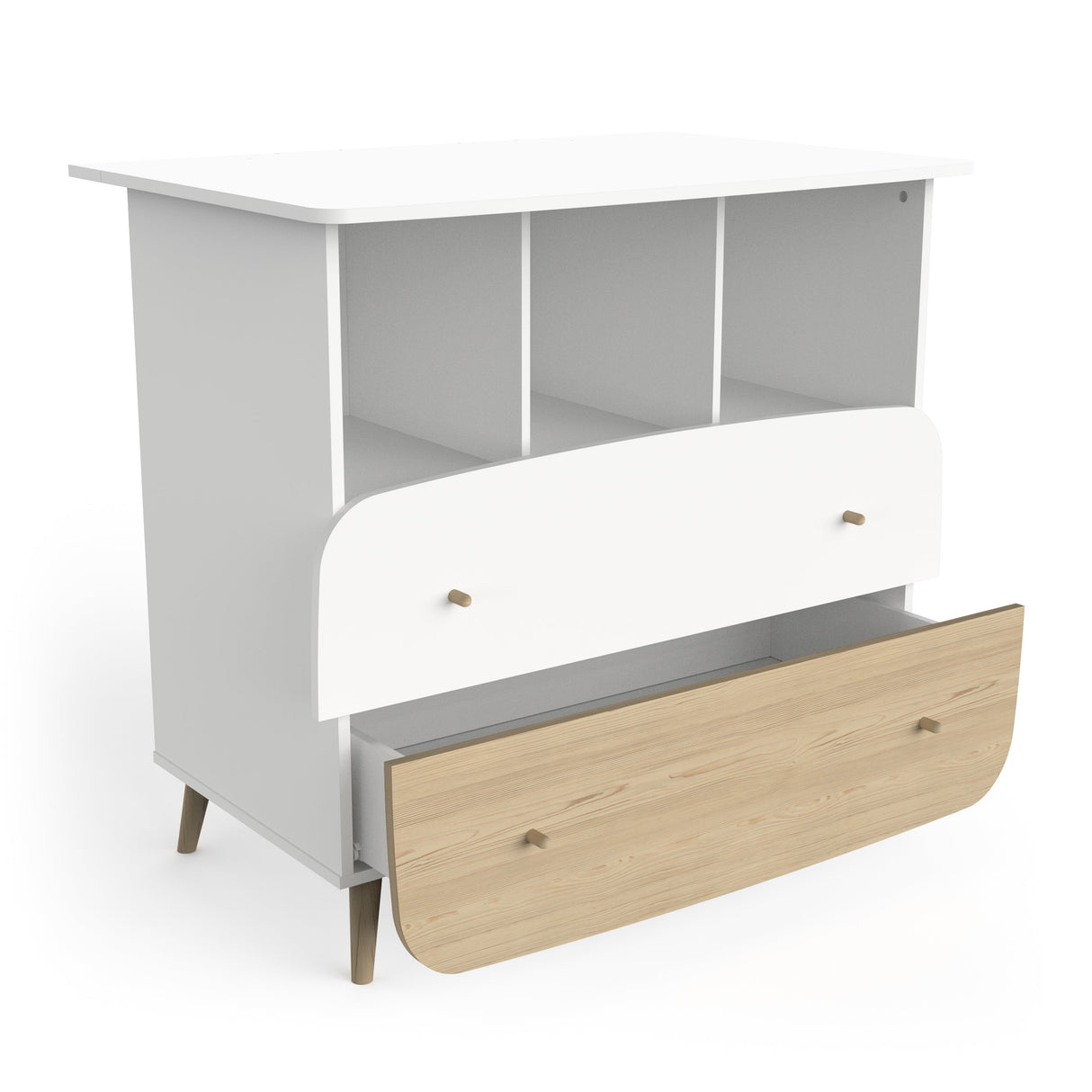 Commode Firmiana Wit, een stijlvolle witte ladekast met houten lade, ideaal voor georganiseerde opbergruimte in de babykamer. Perfect voor Furndaily’s complete meubelassortiment.